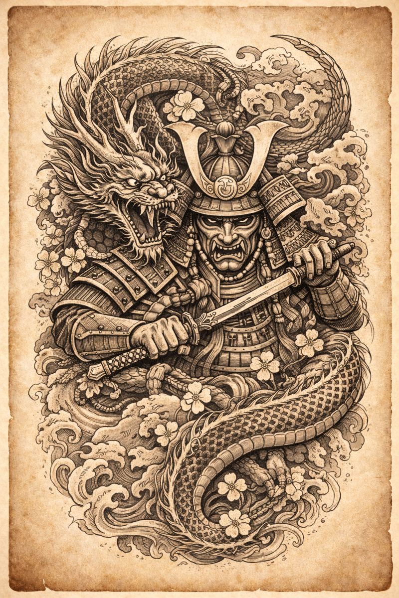 Black and grey irezumi samurai dragon stencil generated with Stencify