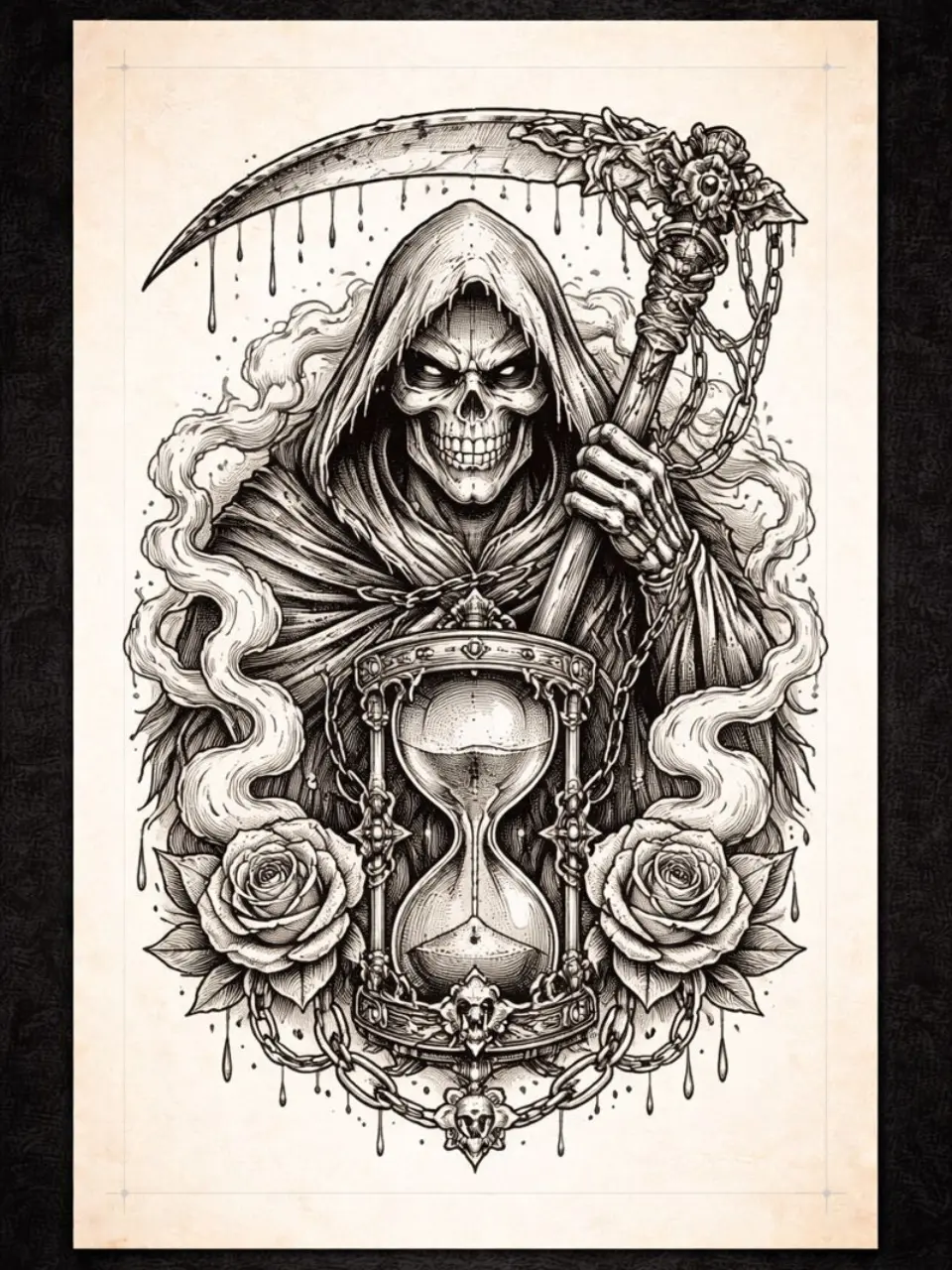 Dark realism grim reaper tattoo stencil generated with Stencify