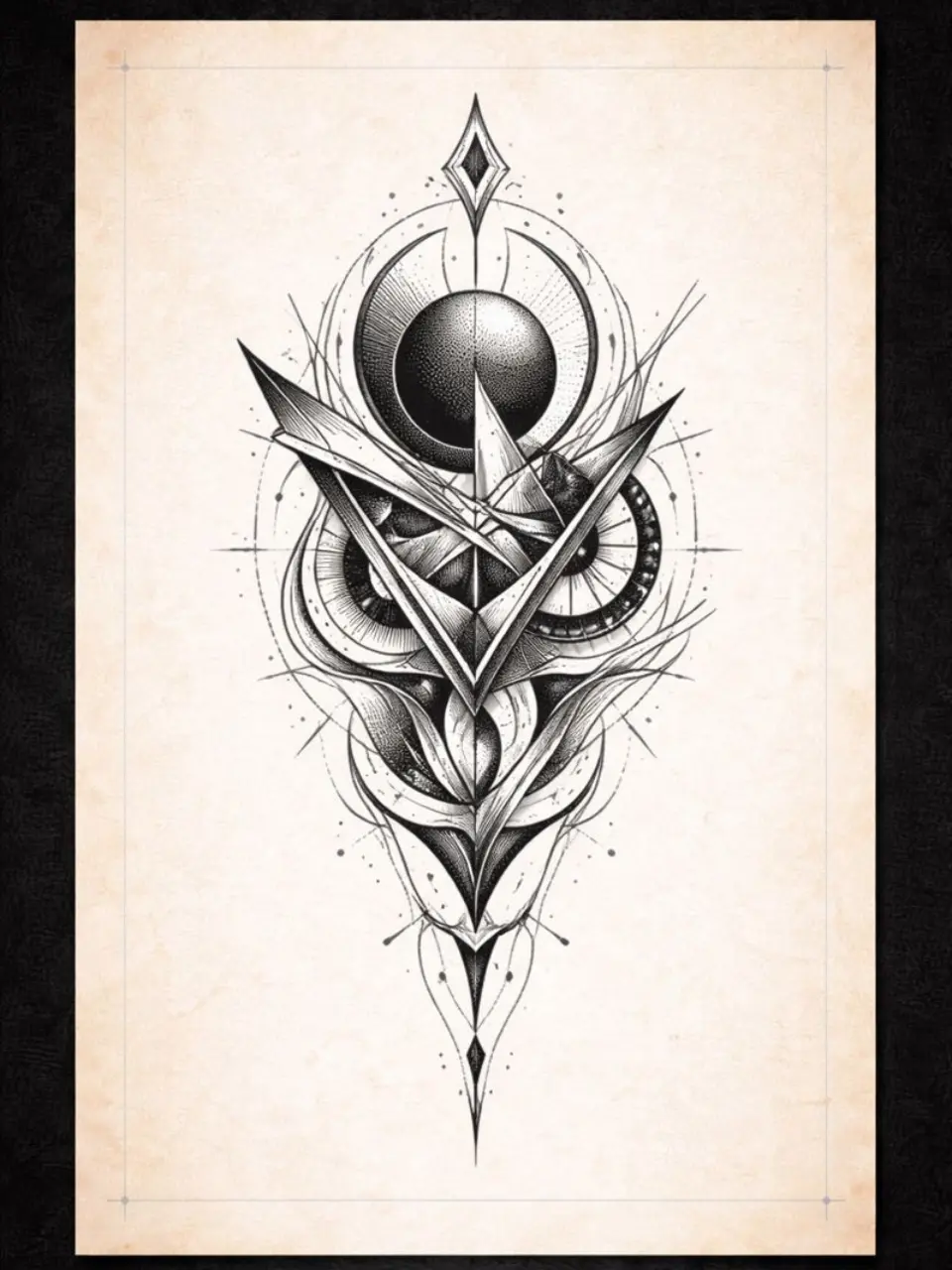 Geometric dagger and moon sacred geometry tattoo stencil
