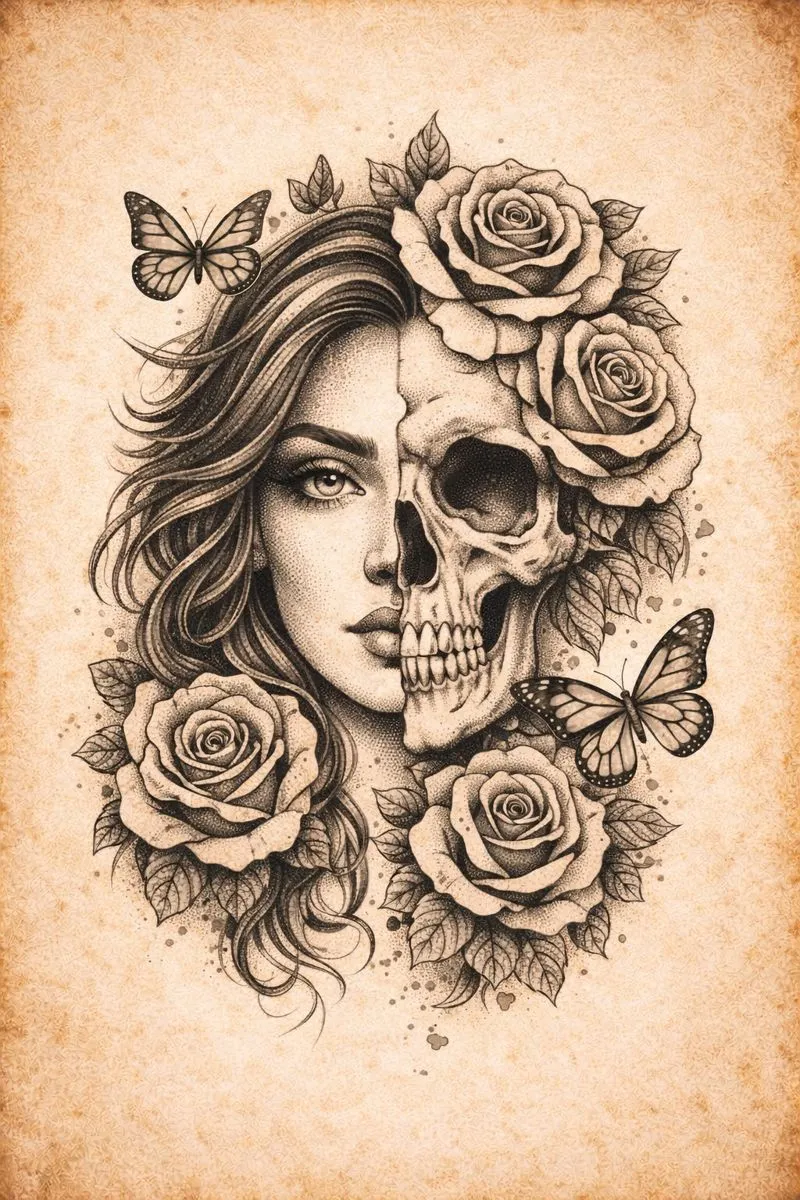 Half face skull woman with roses and butterflies tattoo stencil
