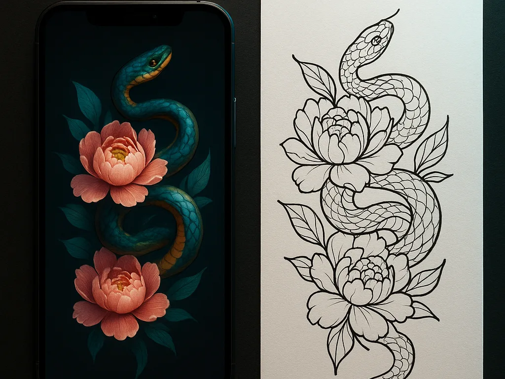 Phone showing a colourful AI-generated tattoo design next to the same design printed as clean black stencil lines