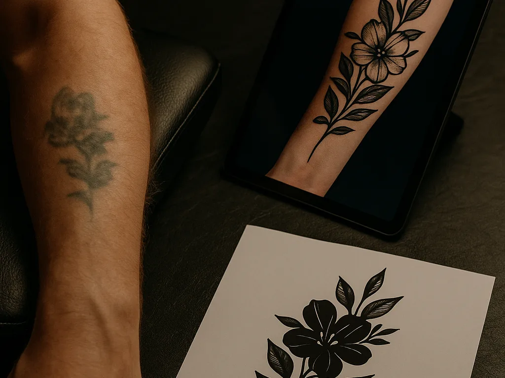 Forearm with a faded old tattoo beside a tablet showing a new design drawn over a photo of the arm and a printed stencil