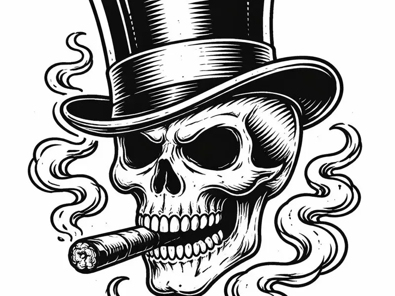 Skull with top hat and cigar tattoo stencil in black line work