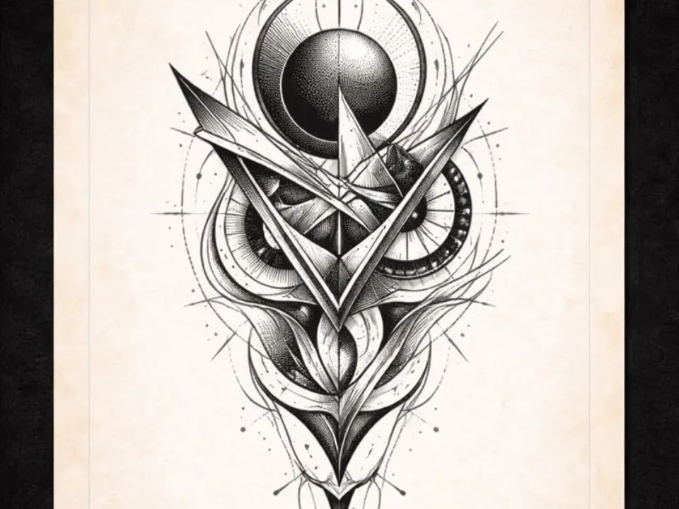 Sacred geometry dagger and moon tattoo stencil in blackwork line art