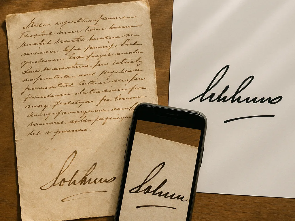 Vieux mot manuscrit avec une signature a cote d'un telephone et d'un stencil imprime net de la meme signature