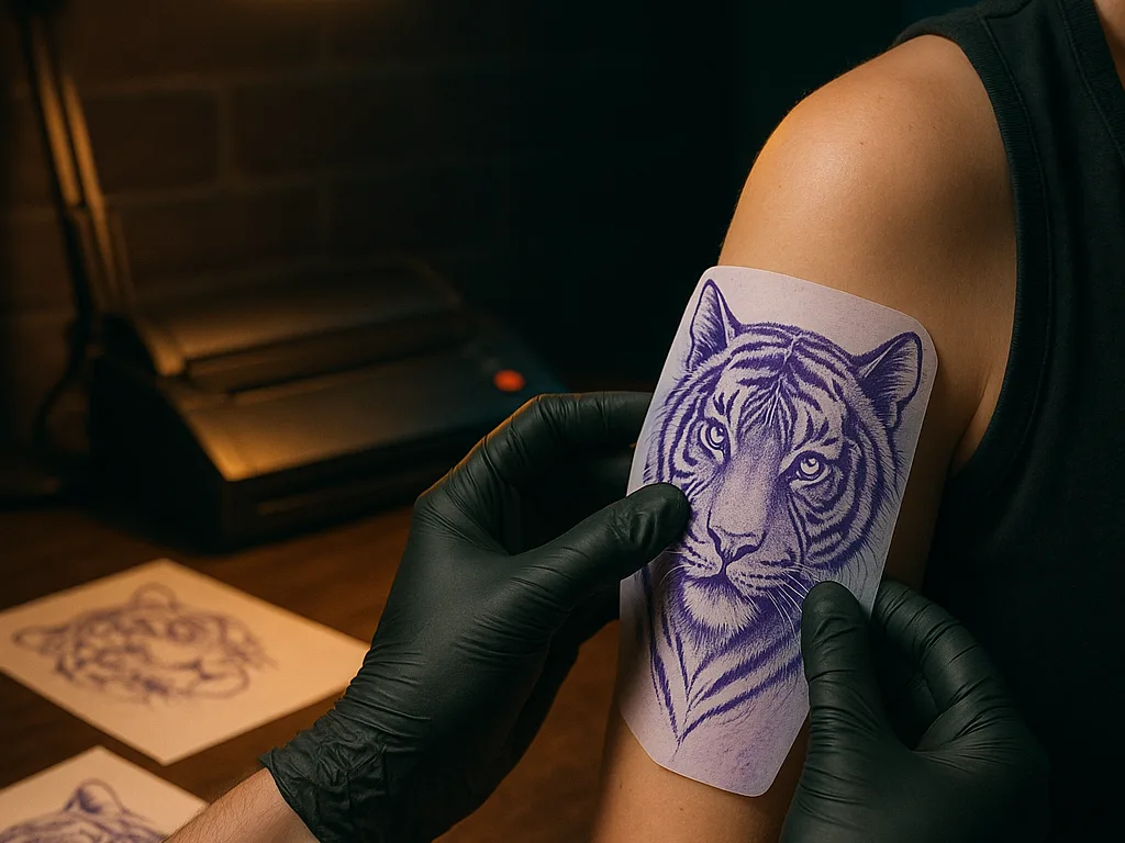 Tattoo artist pressing a purple stencil transfer onto a client's upper arm in a studio