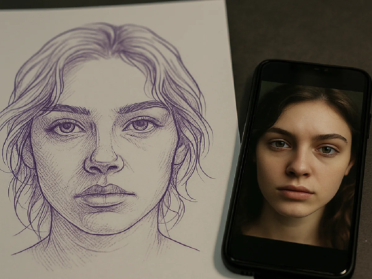 Realism portrait tattoo stencil in purple lines next to the reference photo on a phone