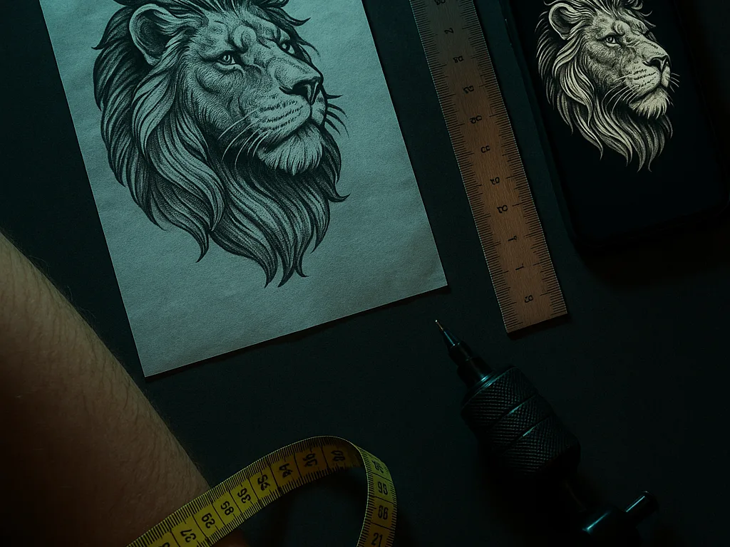 Printed tattoo stencil beside a steel ruler and a phone showing the same design on a studio desk