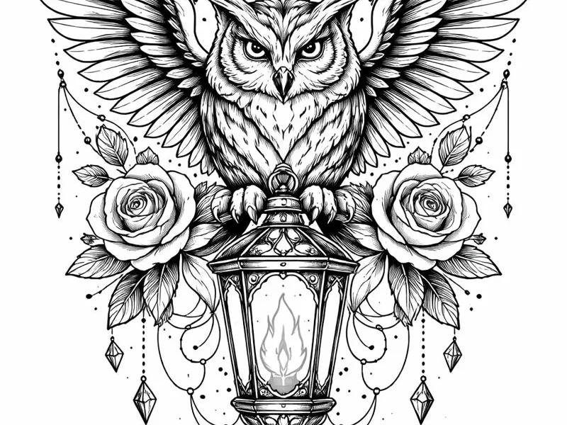 Owl holding a lantern with a rose, drawn as clean tattoo stencil line work