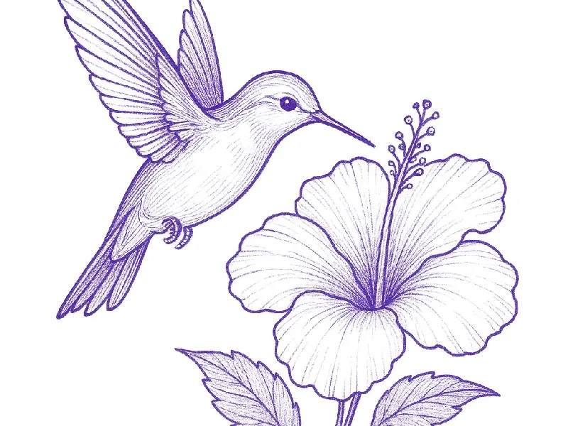 Plantilla de tatuaje de colibri con trazo negro fino