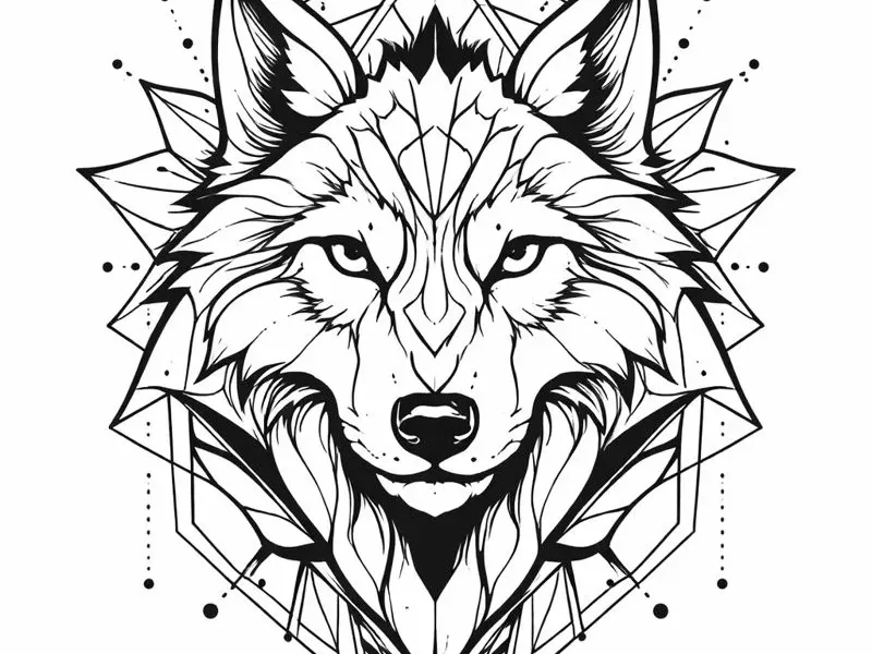 Minimalistisches geometrisches Wolf-Tattoo-Stencil in sauberen schwarzen Linien