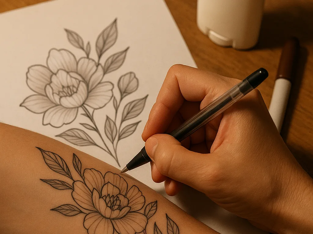 Hand tracing a design onto skin with a ballpoint pen beside a deodorant stick and a skin marker