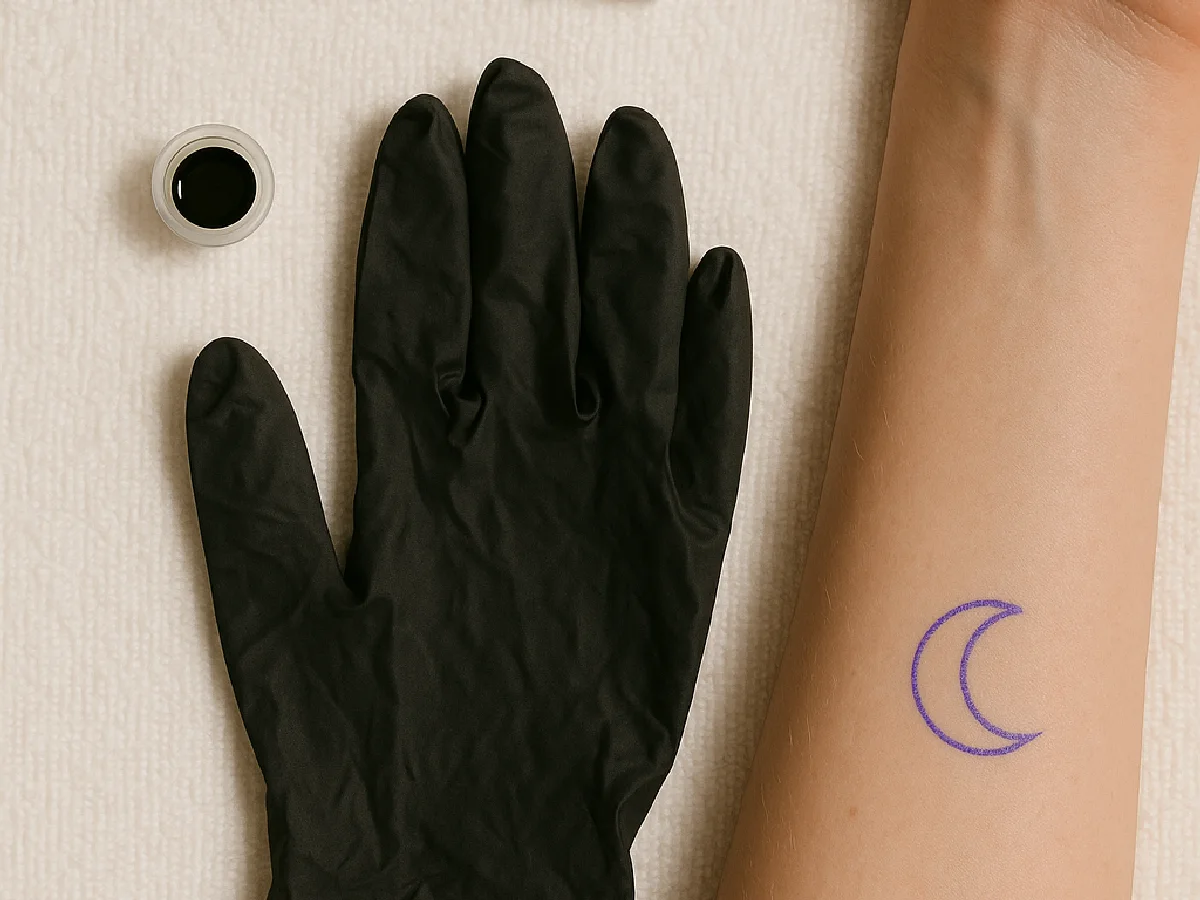 Stick and poke setup with gloves, a single needle, ink cap and a small crescent moon stencil on a forearm