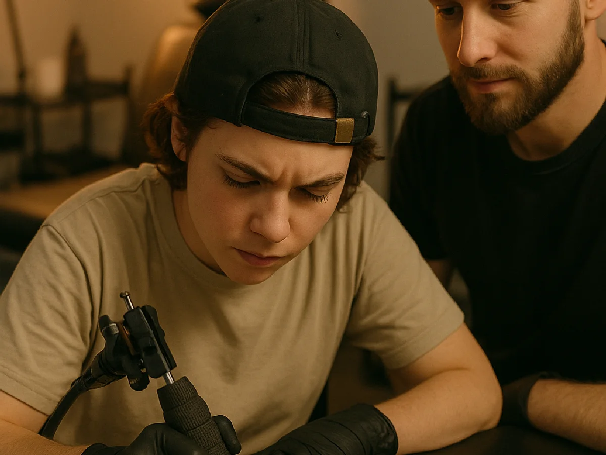 Tattoo apprentice practising line work on synthetic skin while a mentor watches