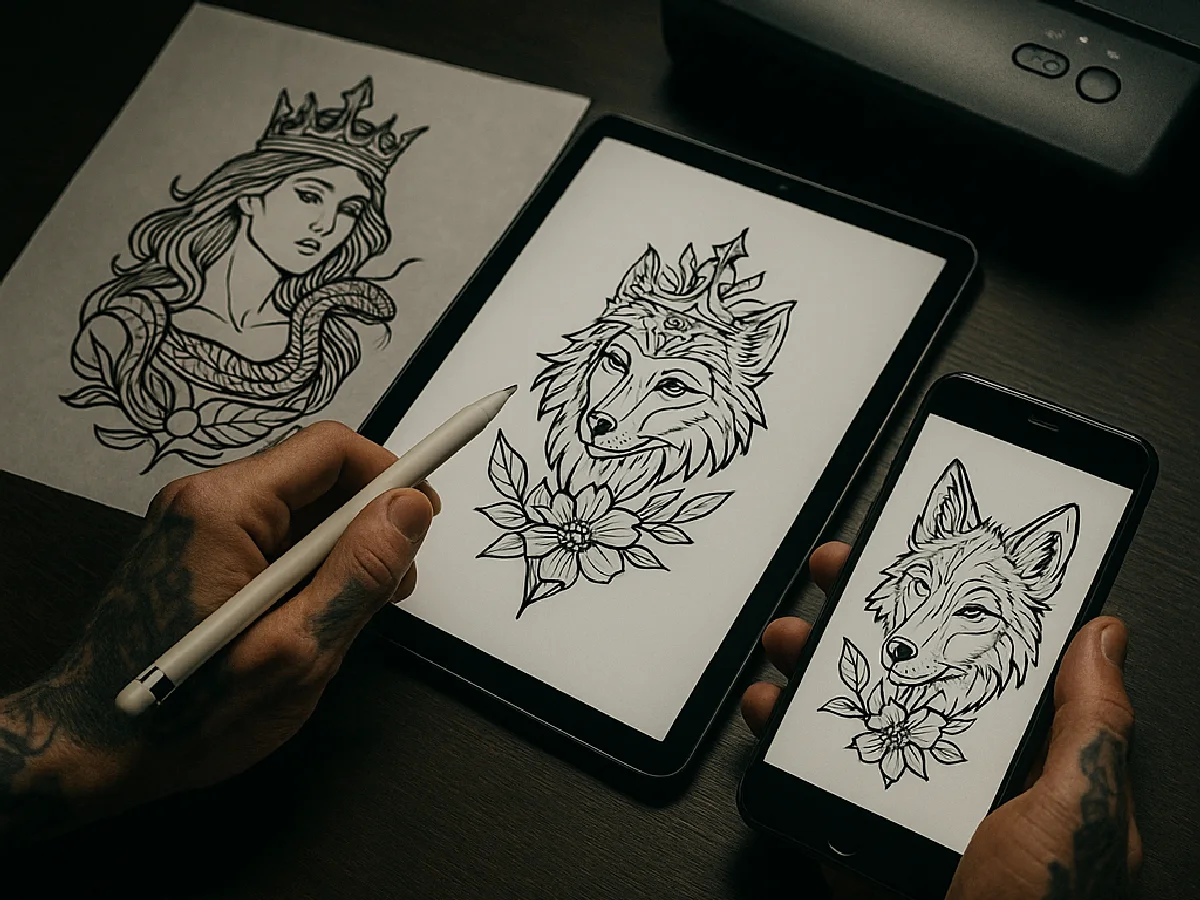Tattoo artist holding a phone and tablet showing line-art tattoo designs at a studio desk