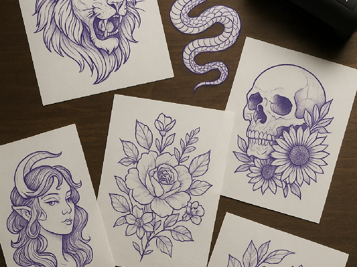 Printed tattoo stencils in purple carbon lines laid out on a studio desk