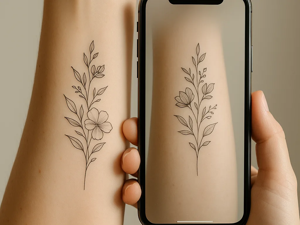 Person holding a phone up to their forearm, the screen showing a fine-line floral tattoo previewed on the skin