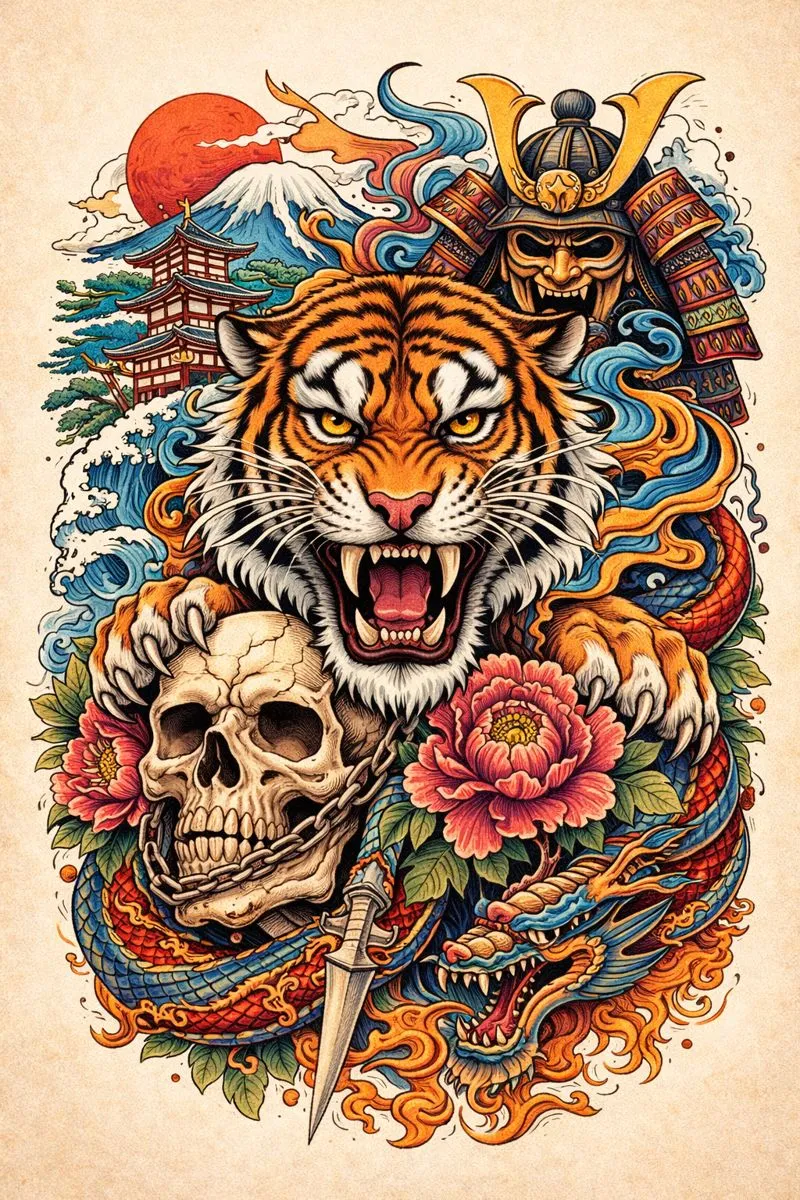 High-contrast irezumi tiger and dragon stencil generated with Stencify