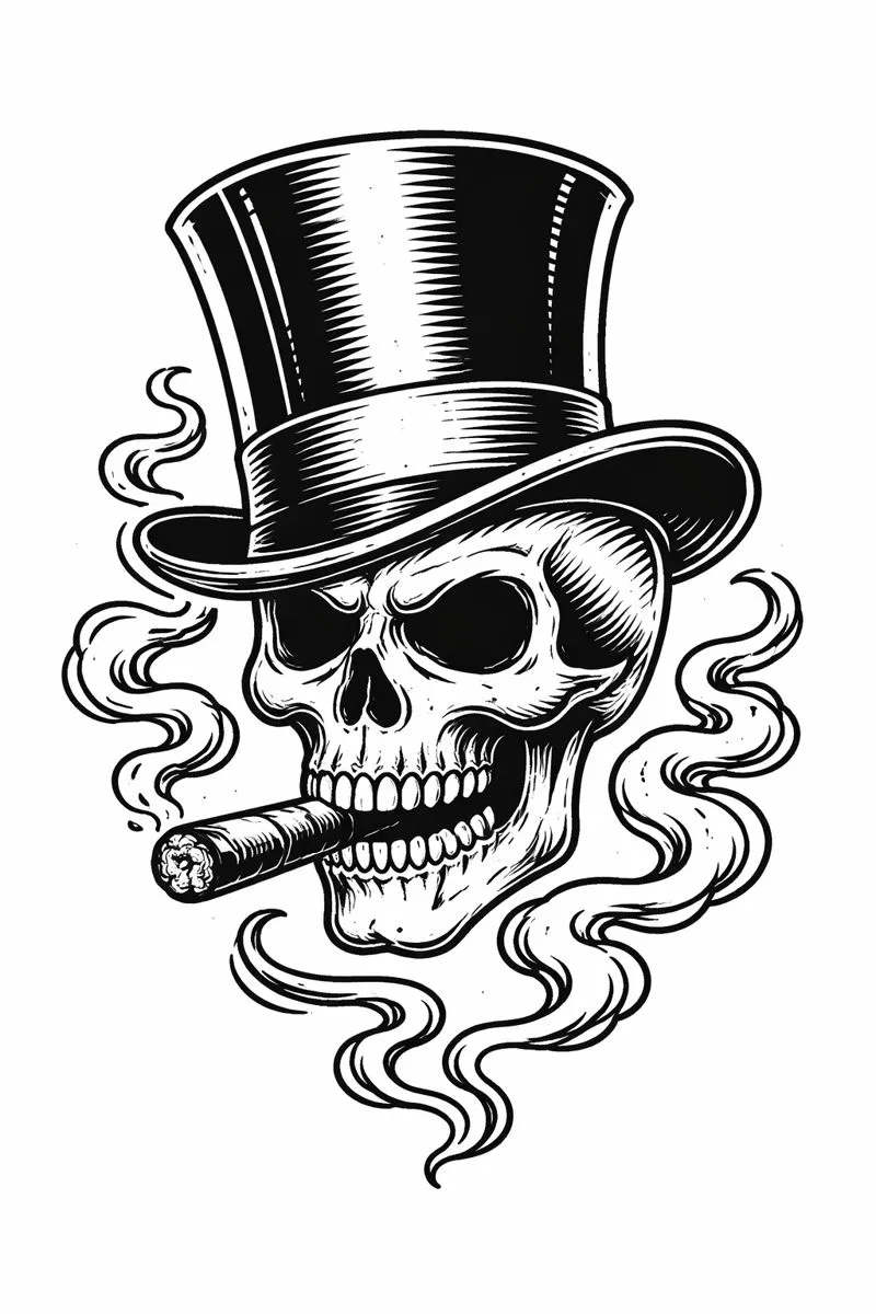 Skull with top hat and cigar tattoo stencil design