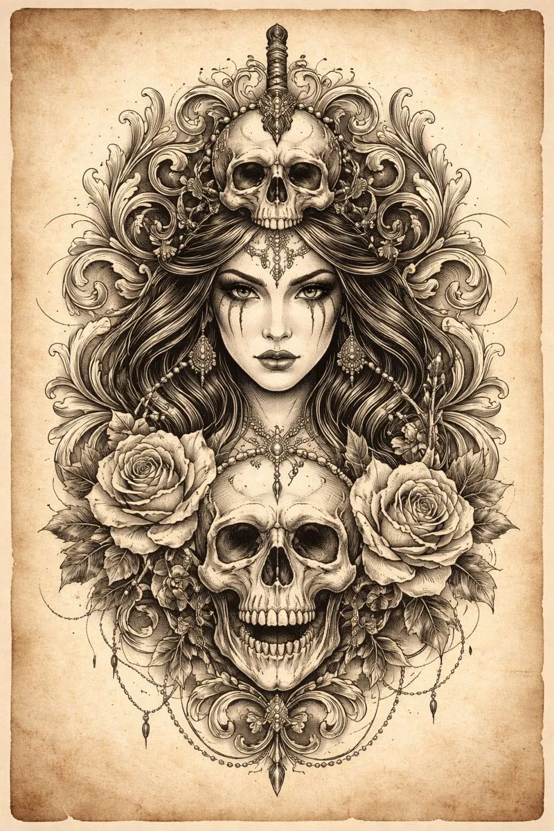 Gothic skull and rose woman tattoo stencil
