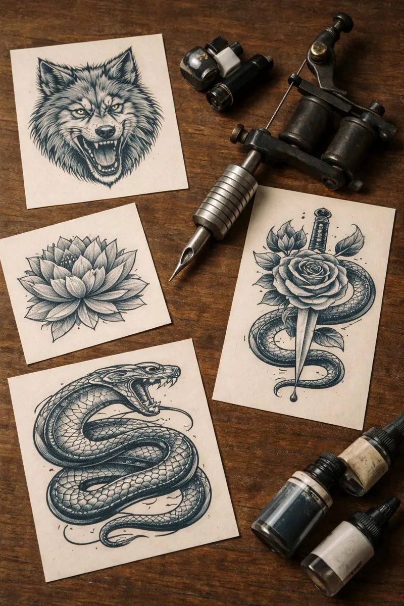 Vintage tattoo shop with tattoo stencil designs