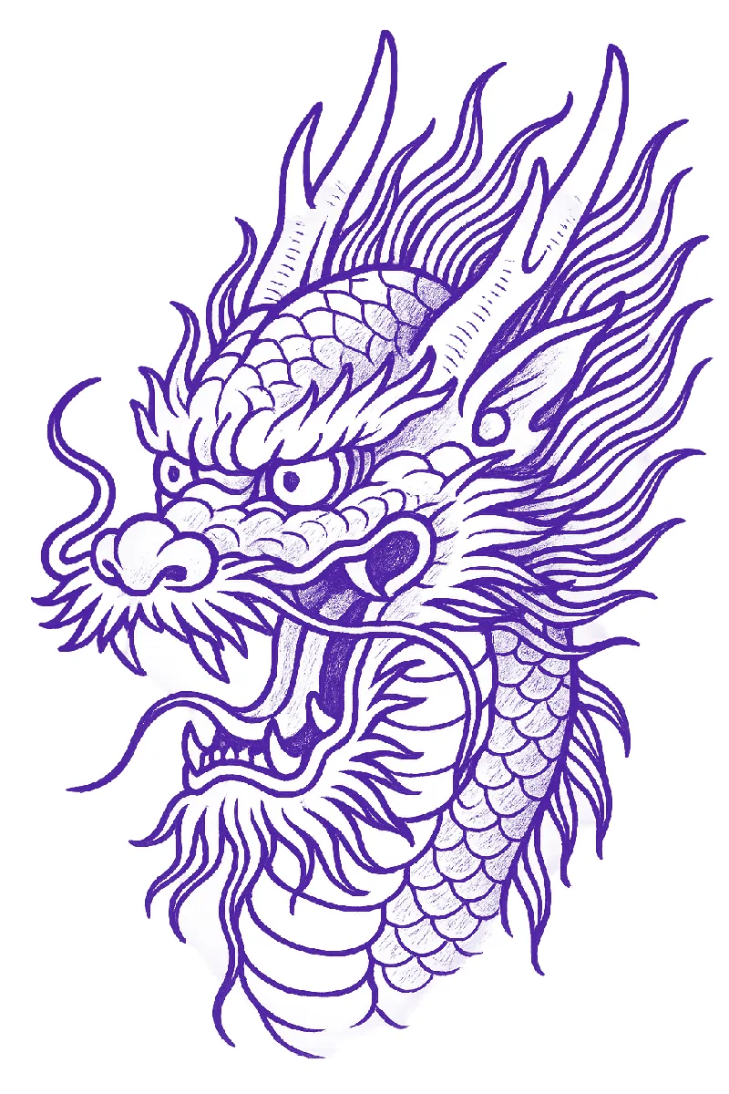 Dragon head tattoo stencil with horns, whiskers and flowing mane