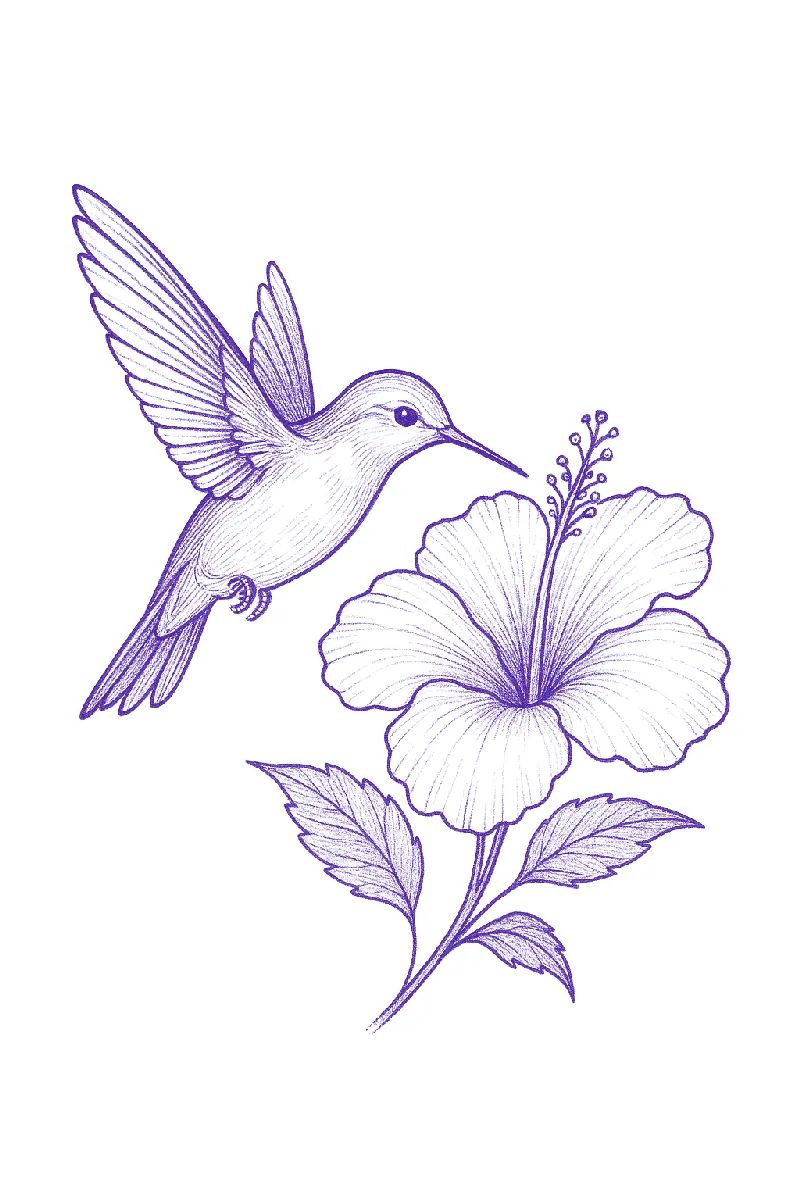 Hummingbird tattoo stencil with outstretched wings and fine feather lines