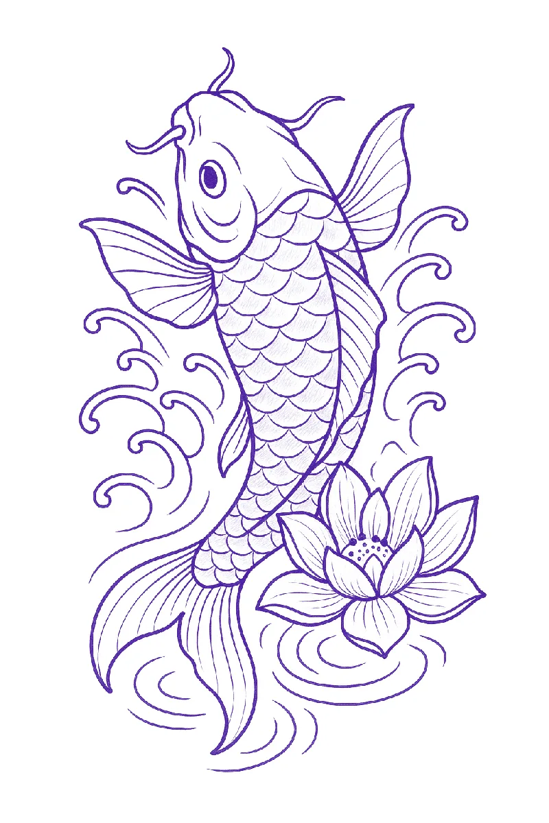 Koi fish tattoo stencil with flowing fins and patterned scales