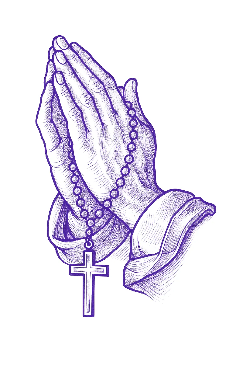 Praying hands tattoo stencil with rosary beads and a cross