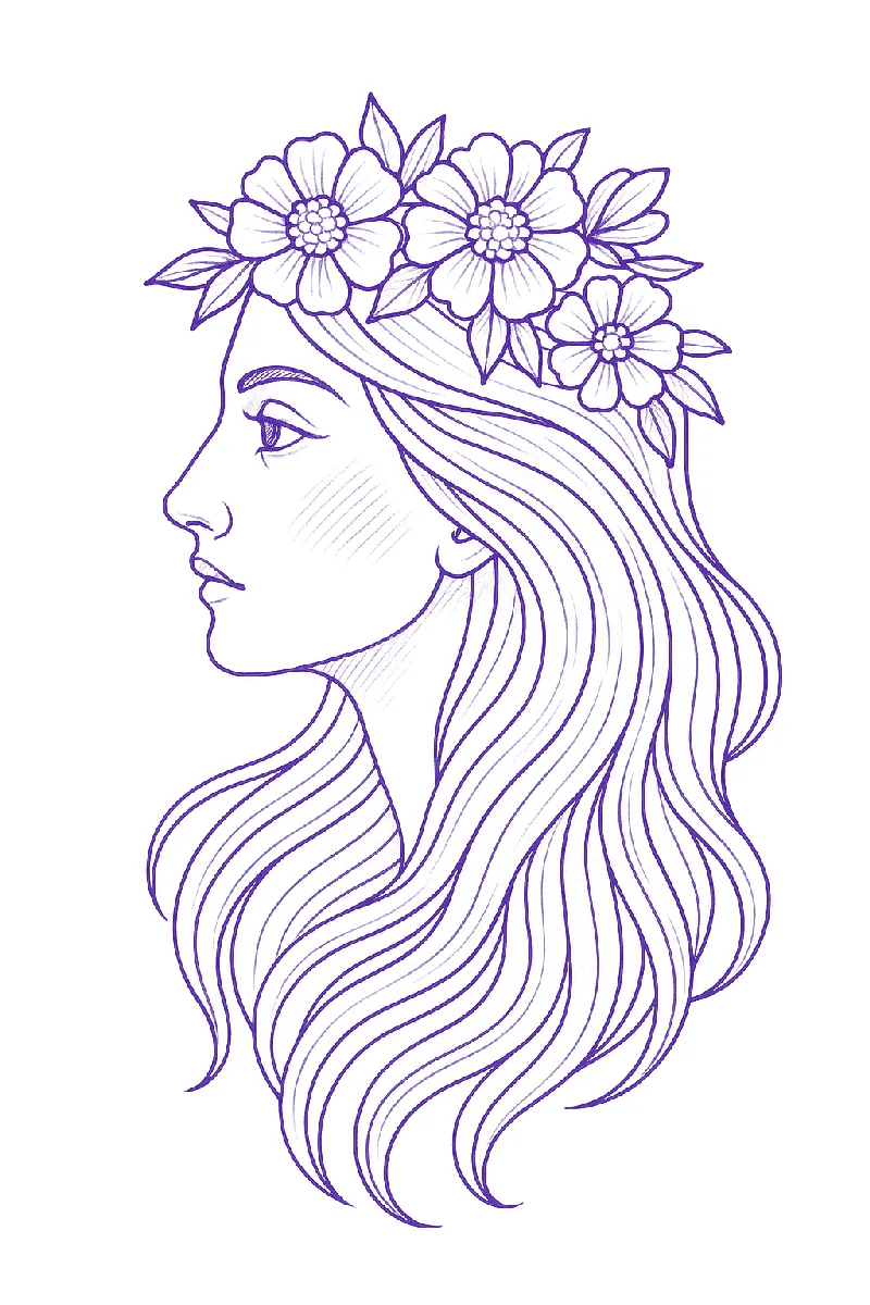 Woman in profile with flower crown, fine line