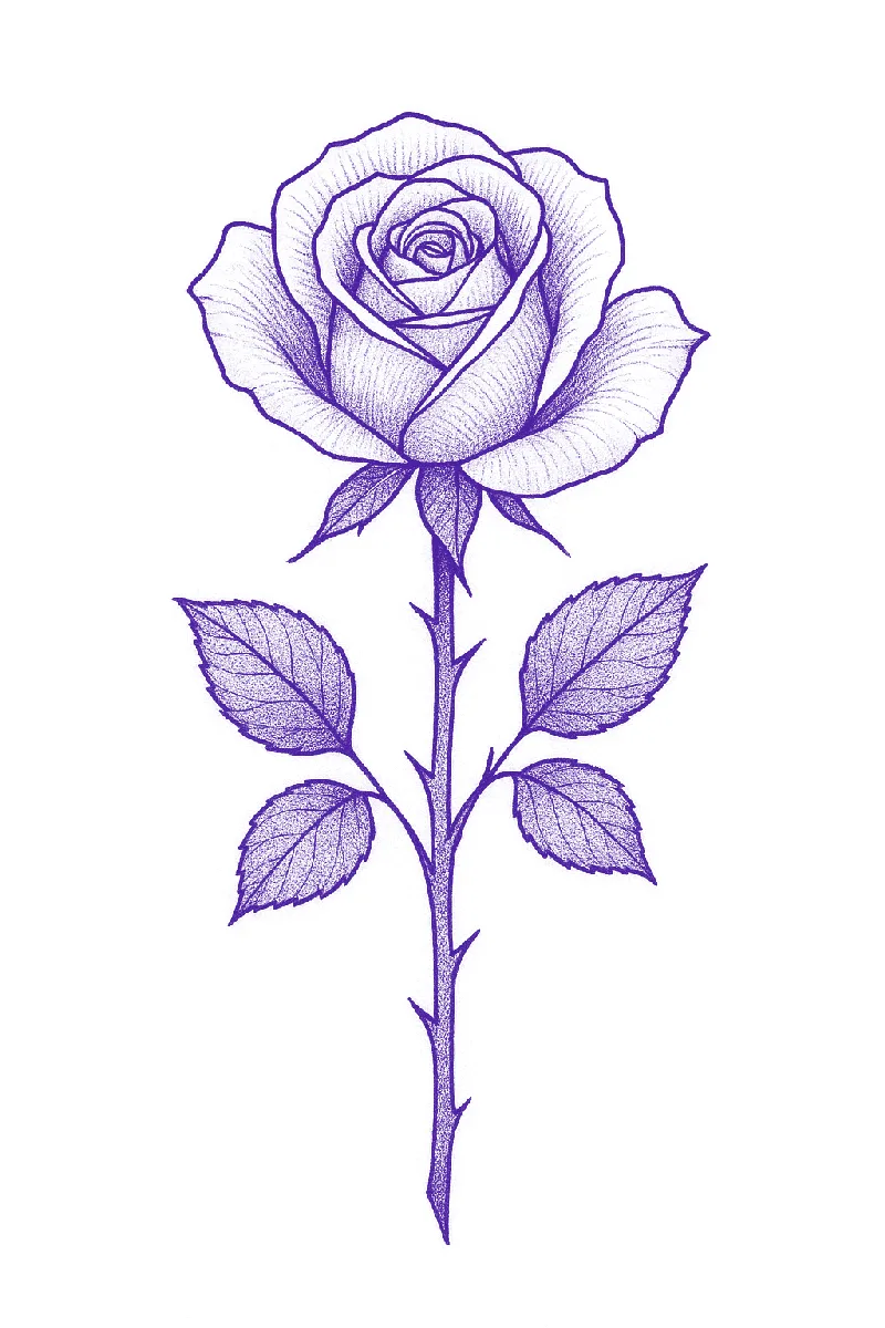 Rose tattoo stencil with layered petals and a single leaf stem