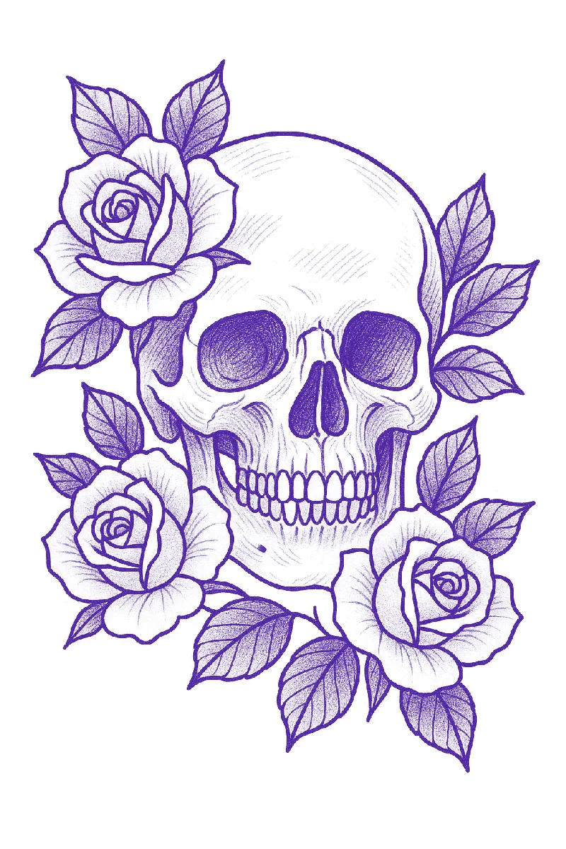 Skull and roses tattoo stencil with bold outline and hatched sockets