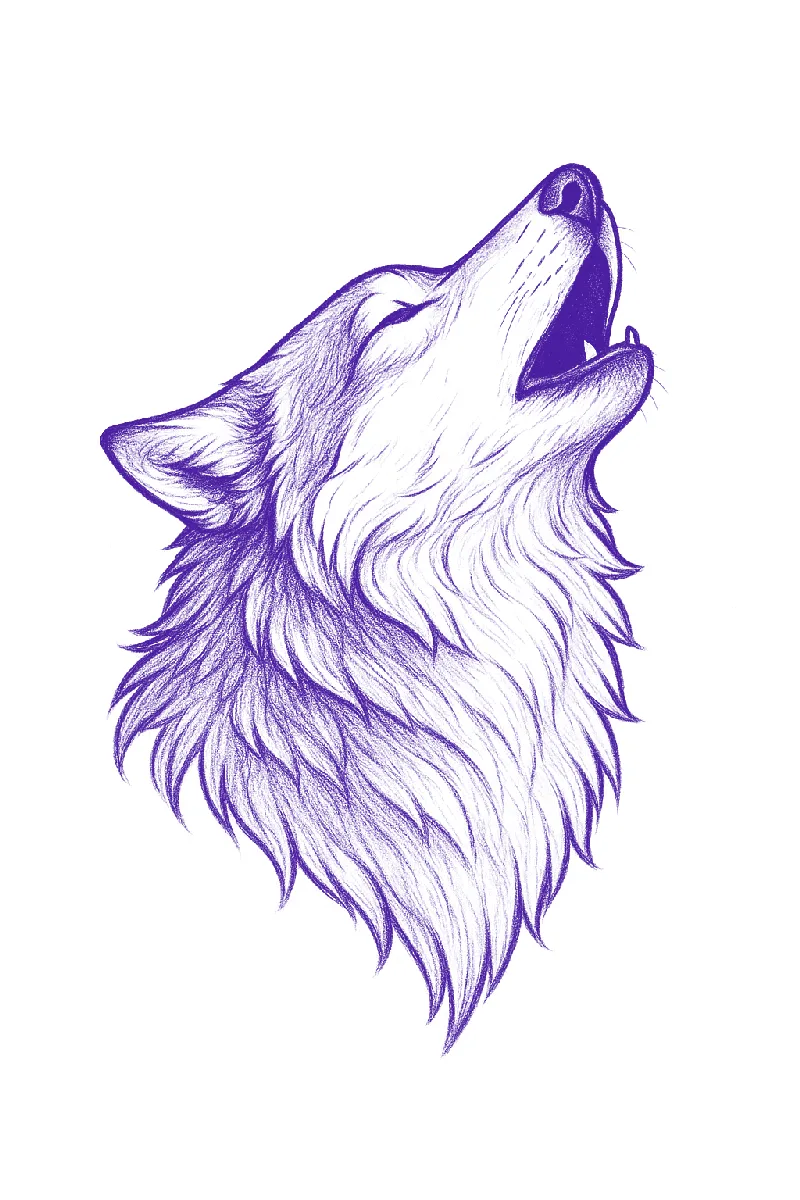 Howling wolf tattoo stencil with layered fur strokes